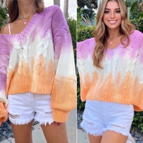 Private Label Sweaters - Lilac Orange Colorful Off the Shoulder Cable Knit Sweater